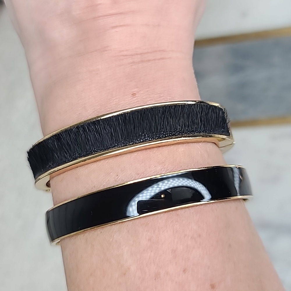J Crew Gold Plated Enamel Bangle & Hinged Calf Hair Bracelet in Black & Gold - Picture 11 of 16